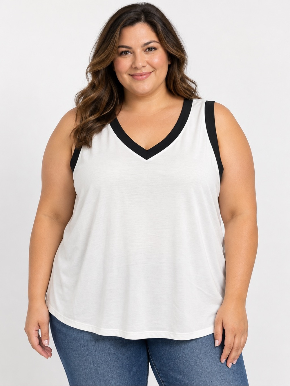 Women's 4XL White & Black V-Neck Sleeveless Tank Top